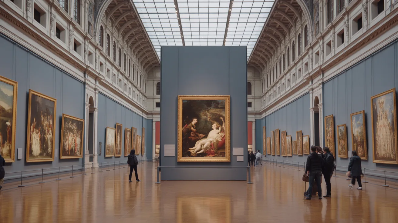 Interior view of the Uffizi Gallery with classic artworks on display