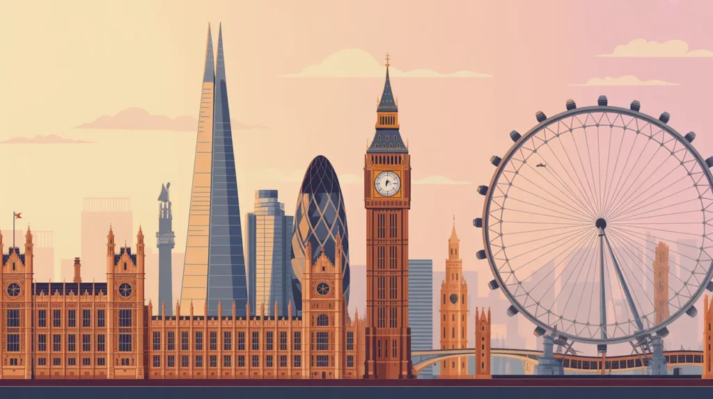Illustration of London's skyline highlighting major landmarks during golden hour