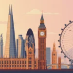 Illustration of London's skyline highlighting major landmarks during golden hour