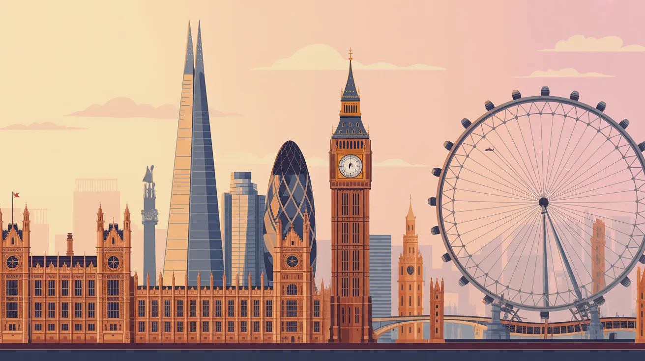Illustration of London's skyline highlighting major landmarks during golden hour