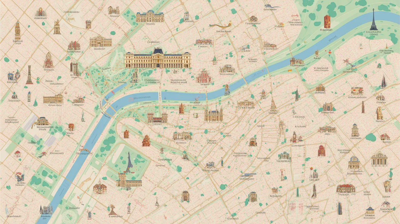 Geographical layout of Paris attractions for a four-day itinerary.