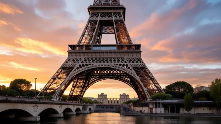 Eiffel Tower at sunset, illustrating a key Paris attraction for visitors.