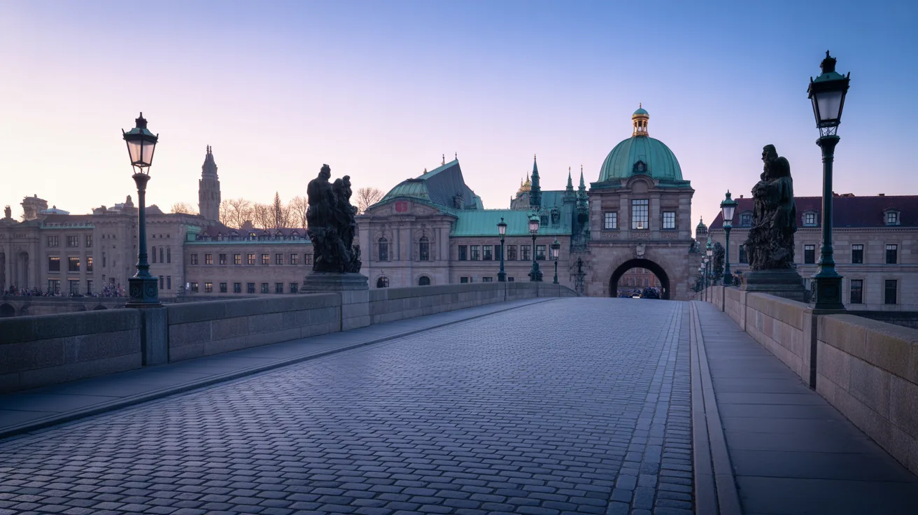 Empty Charles Bridge in the morning light before tourist crowds arrive