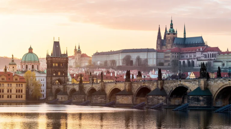 Prague skyline at sunrise featuring the castle and Charles Bridge