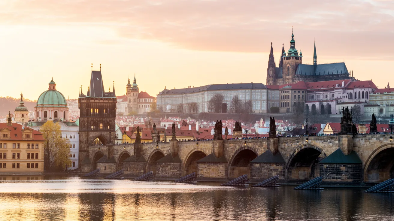 Prague skyline at sunrise featuring the castle and Charles Bridge