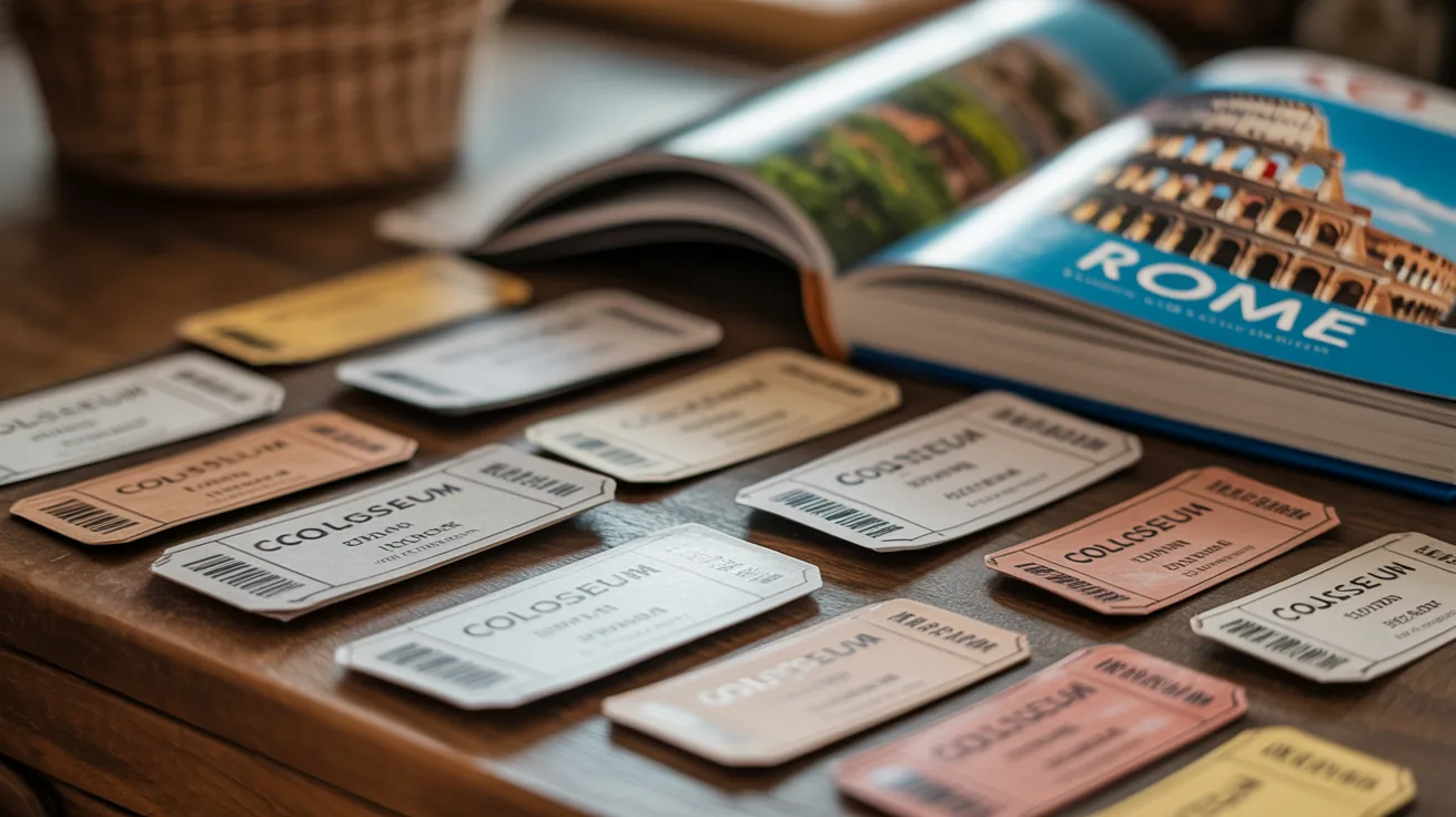 Colosseum tickets arranged with a travel guidebook about Rome