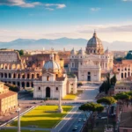 Aerial view of Rome with major landmarks at golden hour