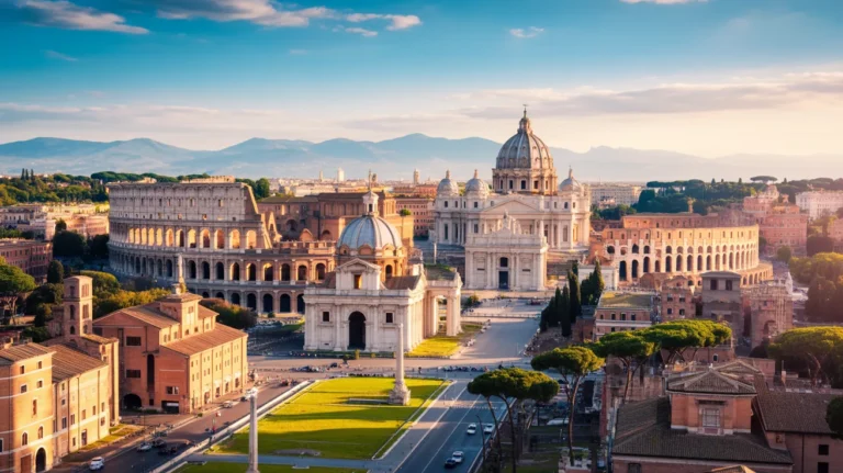 Aerial view of Rome with major landmarks at golden hour