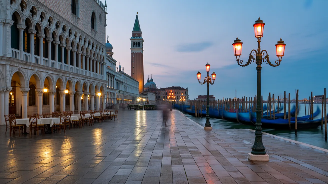 Quiet San Marco square in Venice at night with empty tables and soft lighting