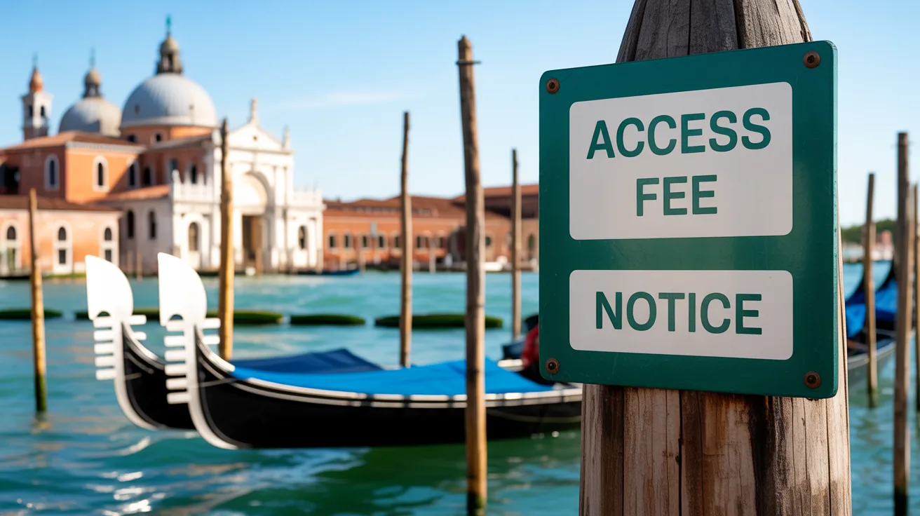 Close-up of a Venetian access fee sign with a scenic canal background