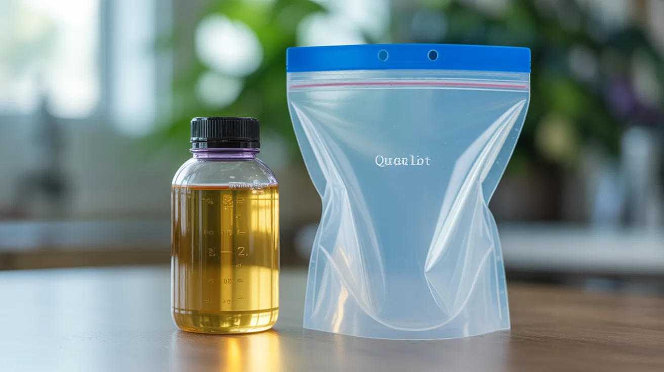 3.4 oz liquid container next to a quart-sized bag