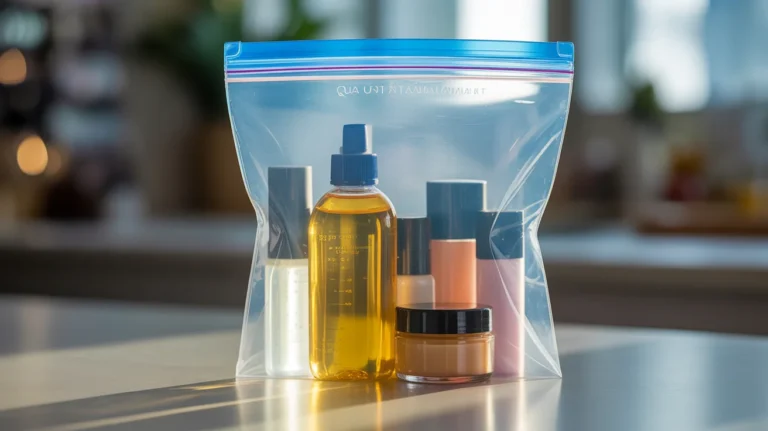 Quart-sized resealable bag with liquid containers for air travel