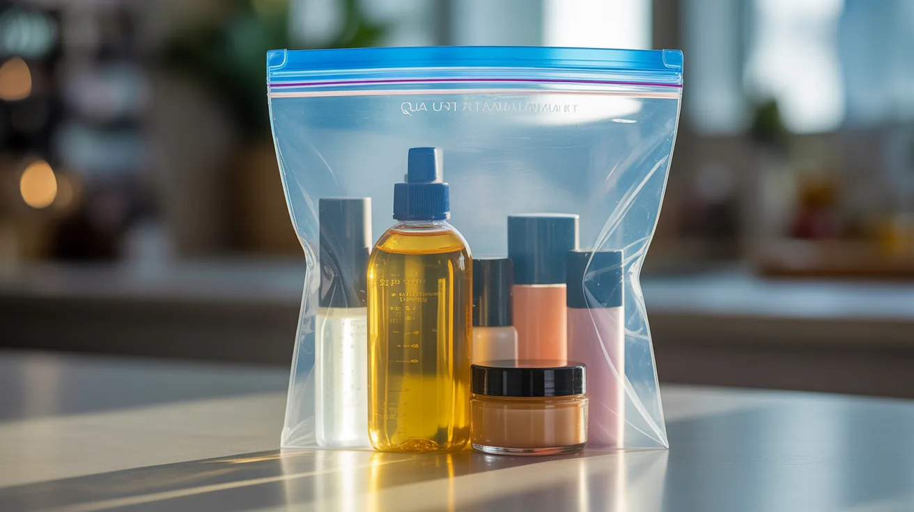 Quart-sized resealable bag with liquid containers for air travel