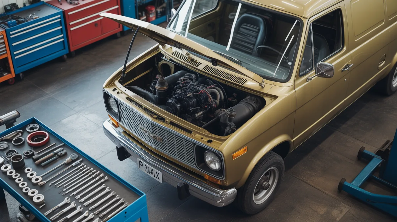 Older van with open hood displaying mechanical components in a workshop