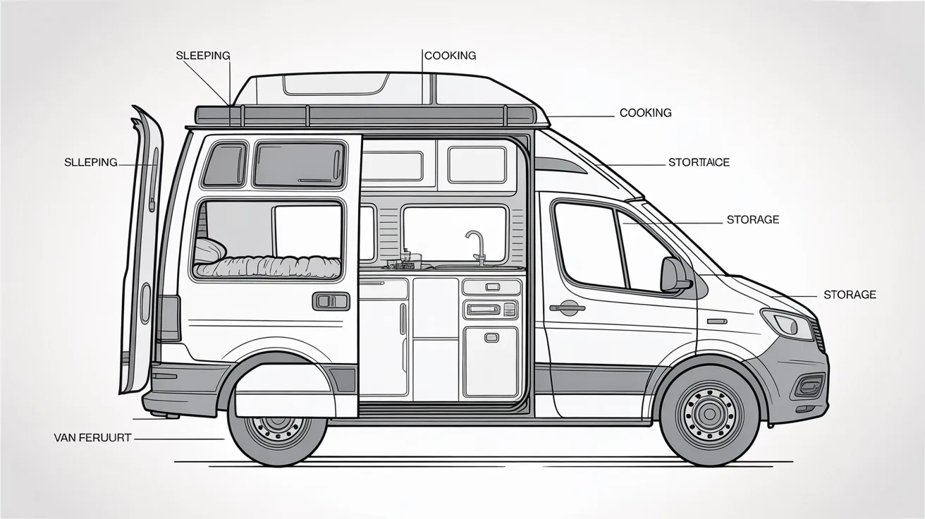 Blueprint of a van interior layout showing designated functional areas