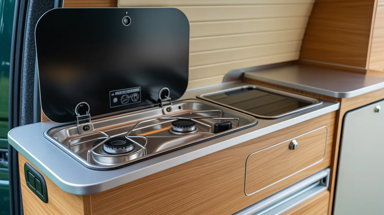 Essential features of a van including stove, sink, and storage unit