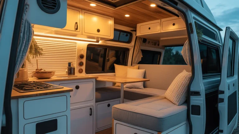Cozy interior of a van conversion with personalized decor and functional layout