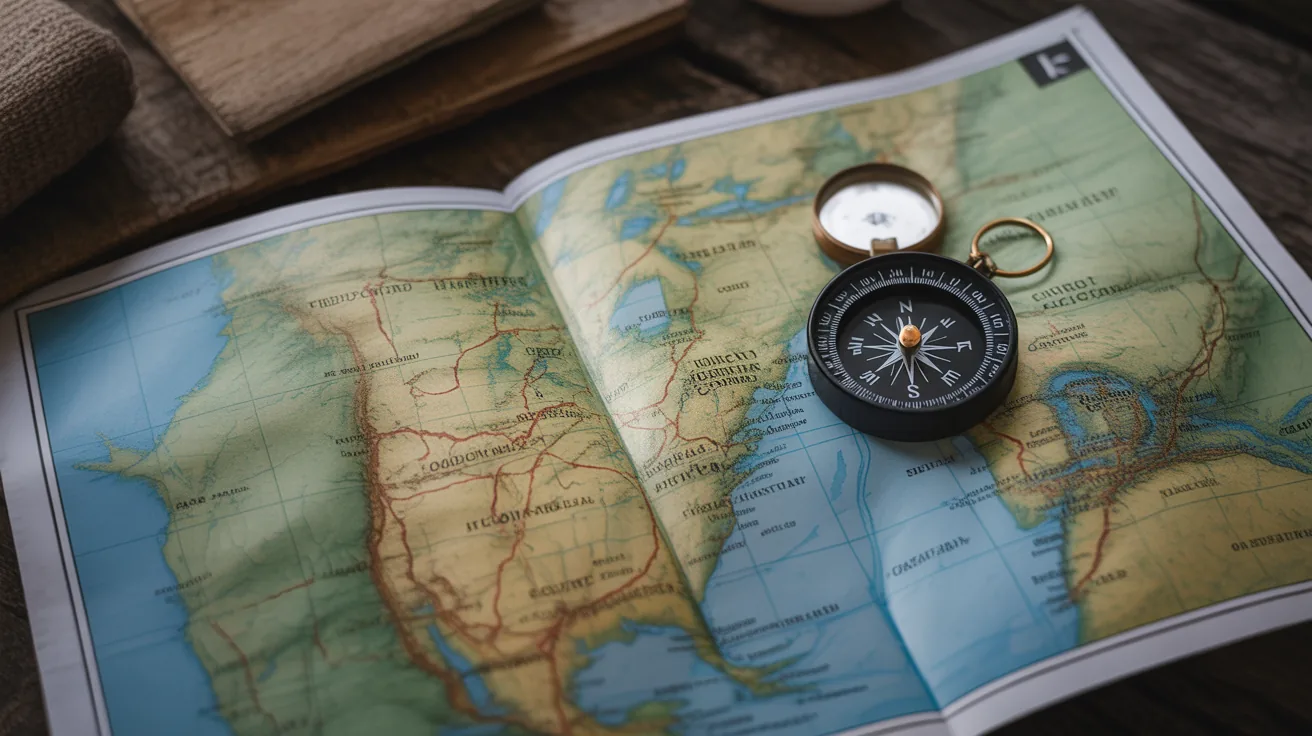 An open map with highlighted camping spots and a compass for researching camping locations