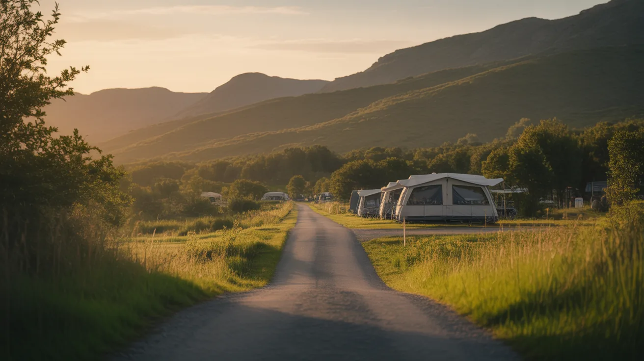 A road leading to a serene camping site, illustrating proximity to home for camping