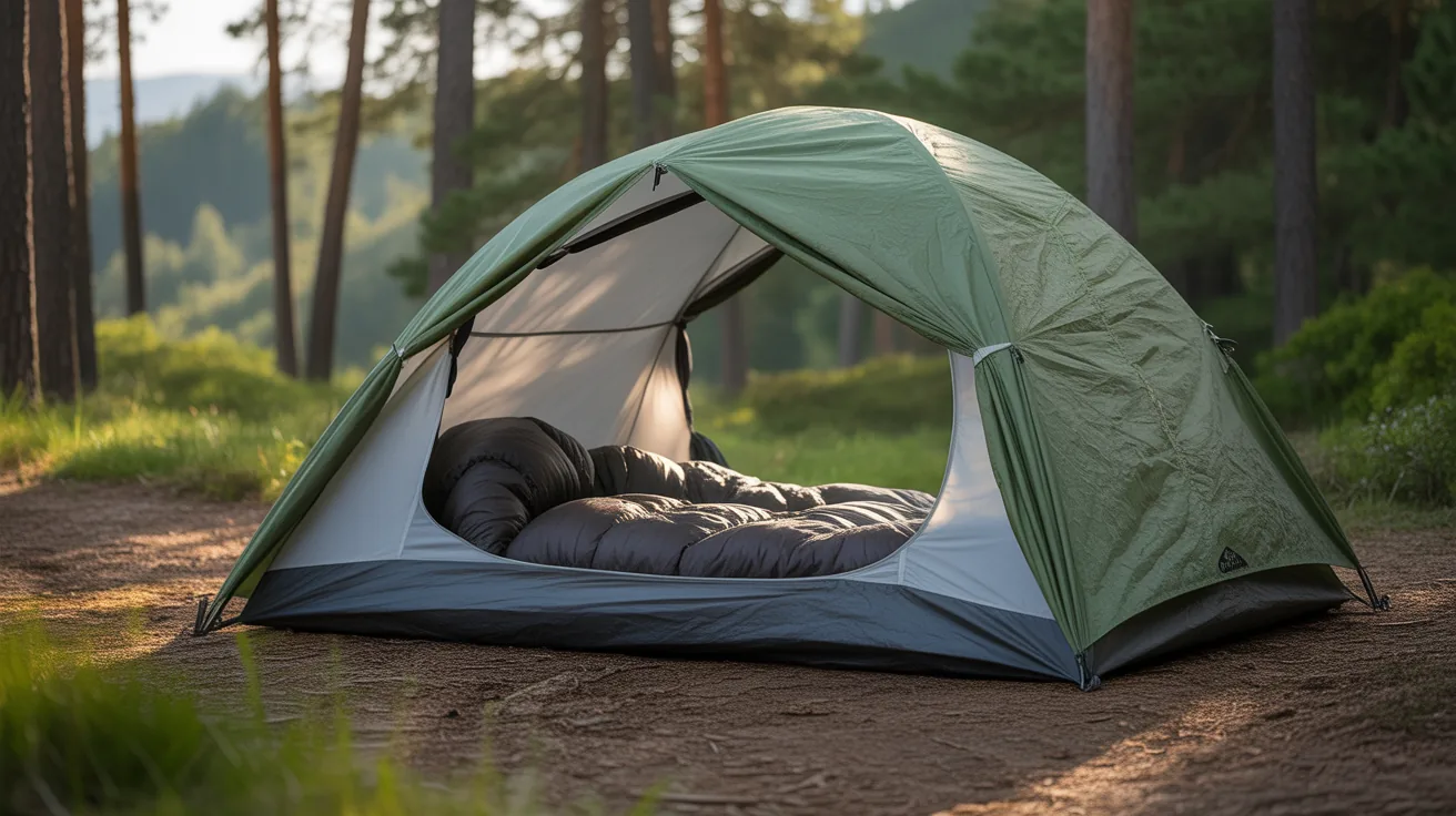 A camping tent with a sleeping bag inside, showcasing essential shelter gear