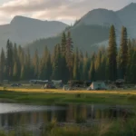 A picturesque campsite with a lake and mountains, representing the best camping locations