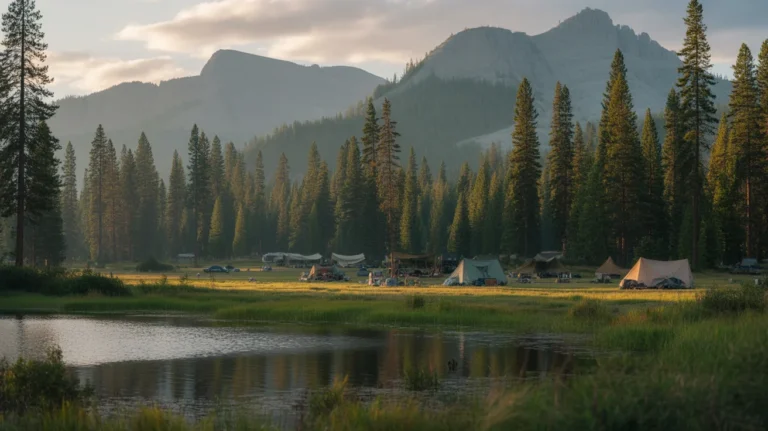 A picturesque campsite with a lake and mountains, representing the best camping locations