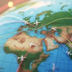 A detailed world map illustrating various flight routes for cheapest flights.