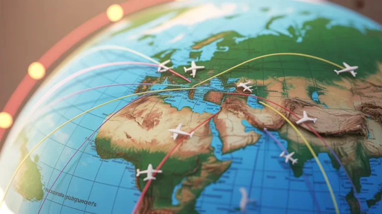 A detailed world map illustrating various flight routes for cheapest flights.