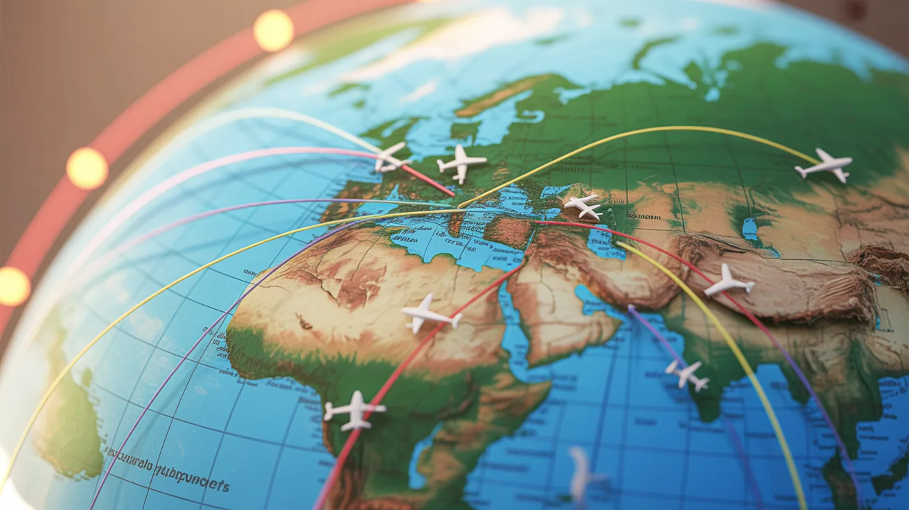 A detailed world map illustrating various flight routes for cheapest flights.
