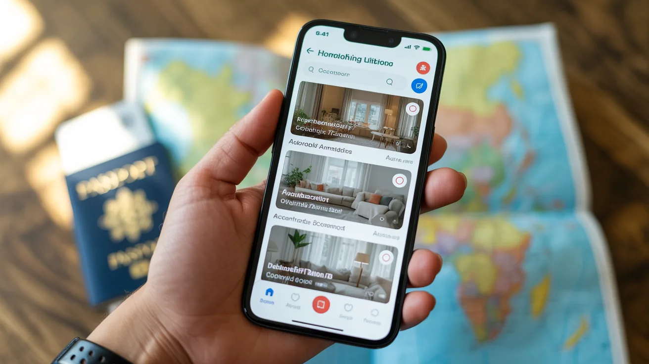Smartphone displaying home-sharing app for budget accommodation options.