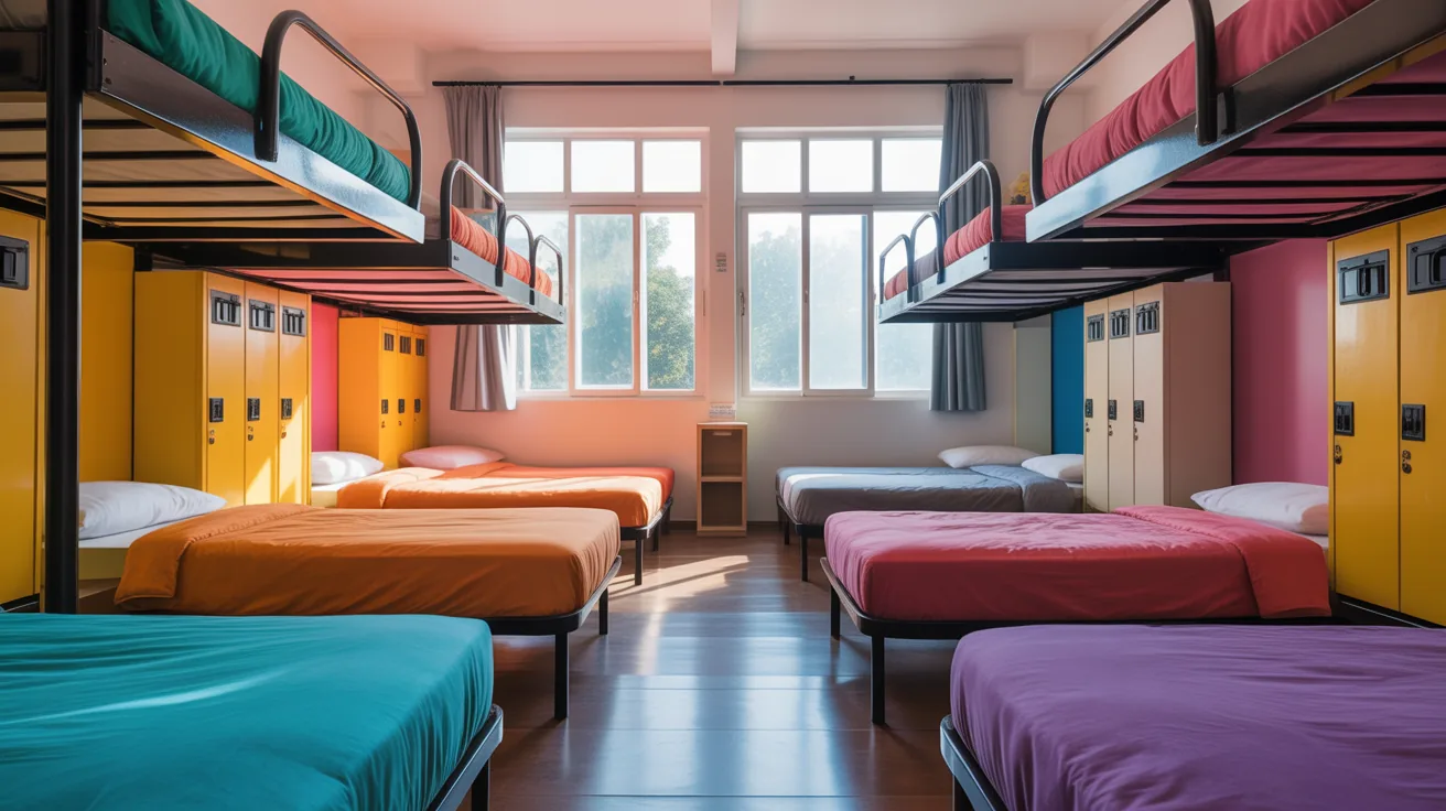Interior of a budget-friendly hostel dorm room for travelers.