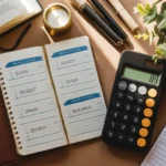 Travel budgeting tools including a calculator and notepad for budget-friendly travel