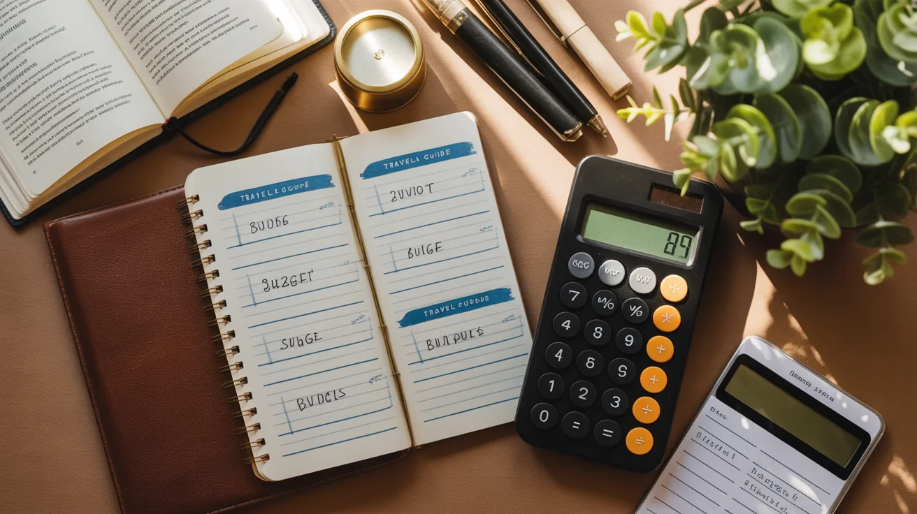 Travel budgeting tools including a calculator and notepad for budget-friendly travel