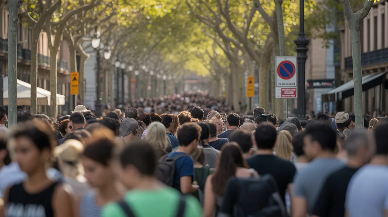 A busy Barcelona tourist area highlighting pickpocketing risks