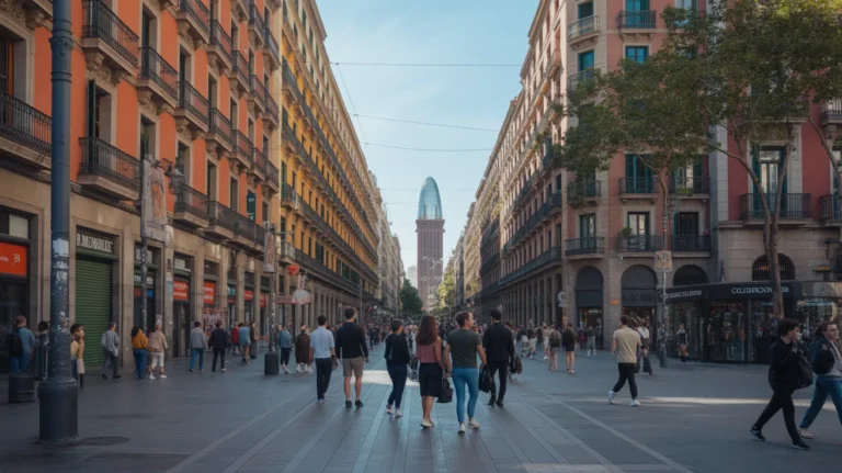A lively Barcelona street scene highlighting safety and local culture for tourists