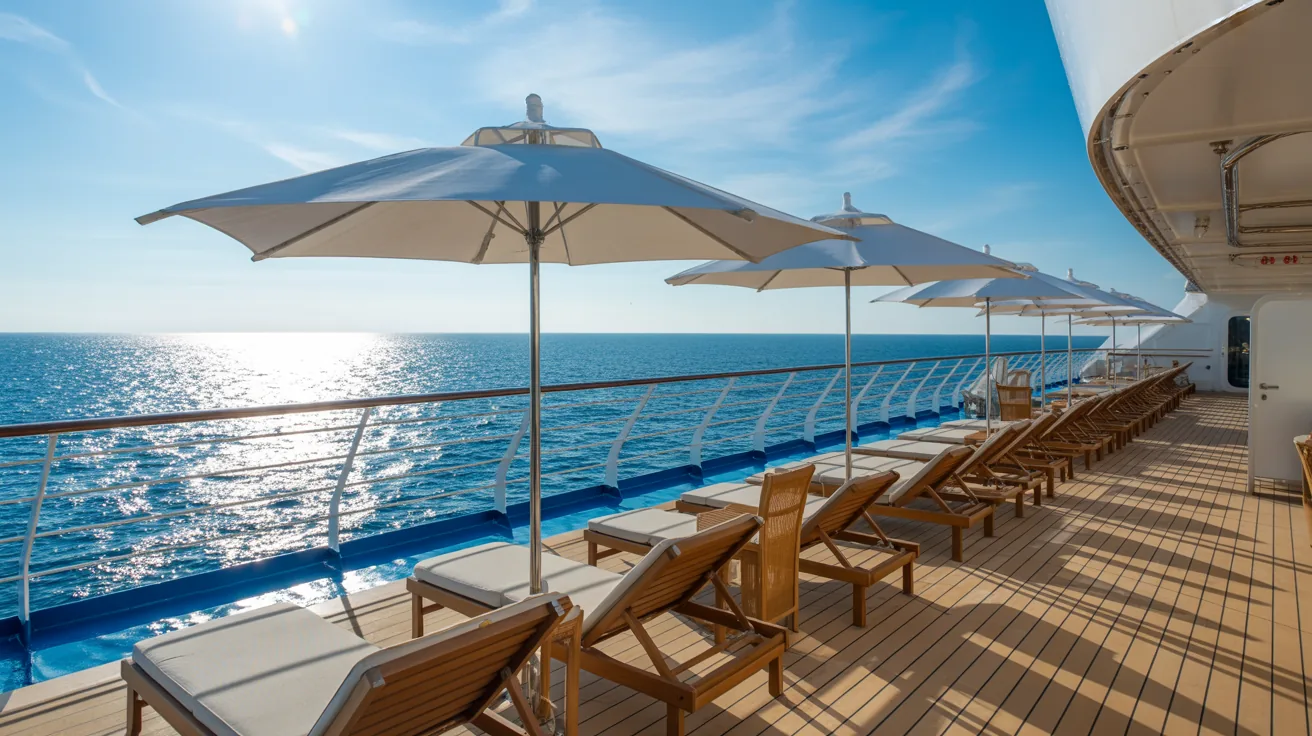 Luxurious cruise ship deck showcasing relaxation and ocean views.