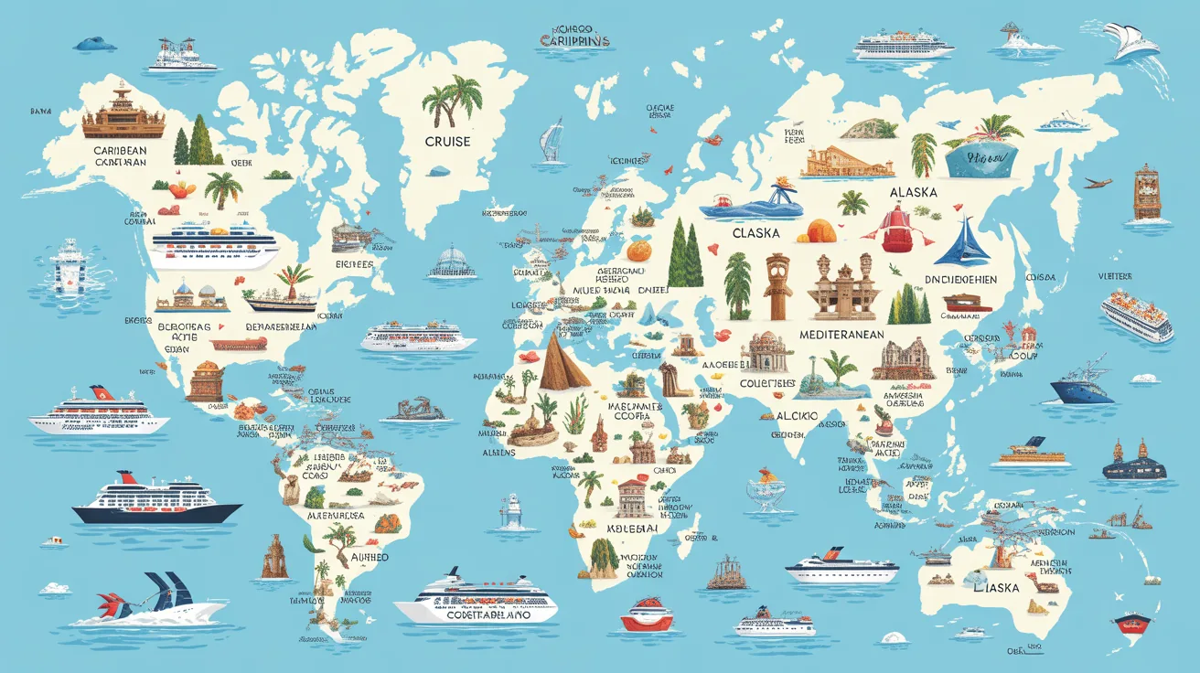 Artistic map illustration of diverse cruise destinations.