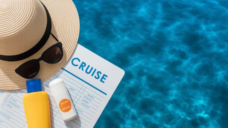Cruise vacation essentials arranged on a vibrant ocean backdrop.