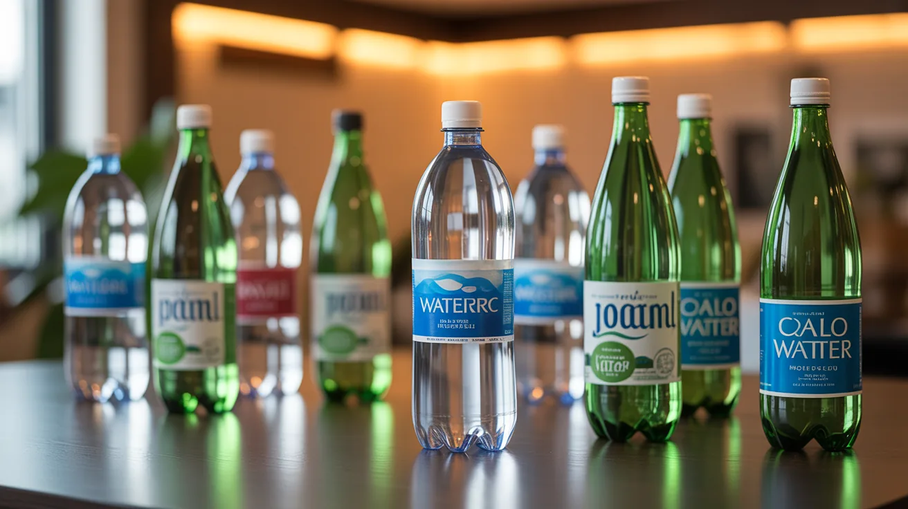 Various bottled water brands on a table showing one prominently