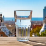 A glass of tap water with Barcelona's skyline in the background