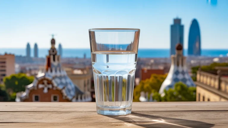 A glass of tap water with Barcelona's skyline in the background