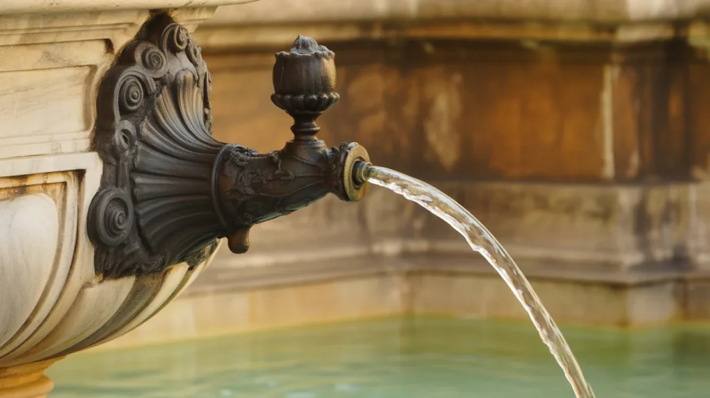 Close-up of a Nasoni fountain in Rome with flowing water