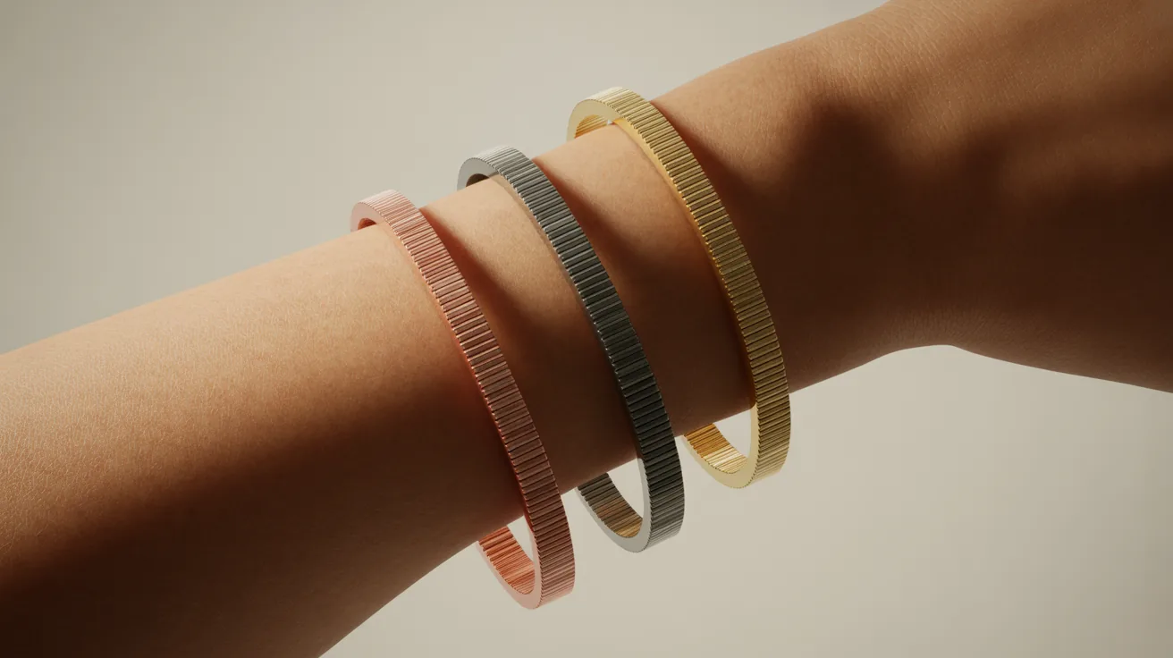 Three thin bracelets stacked on a wrist, demonstrating how they combine visually