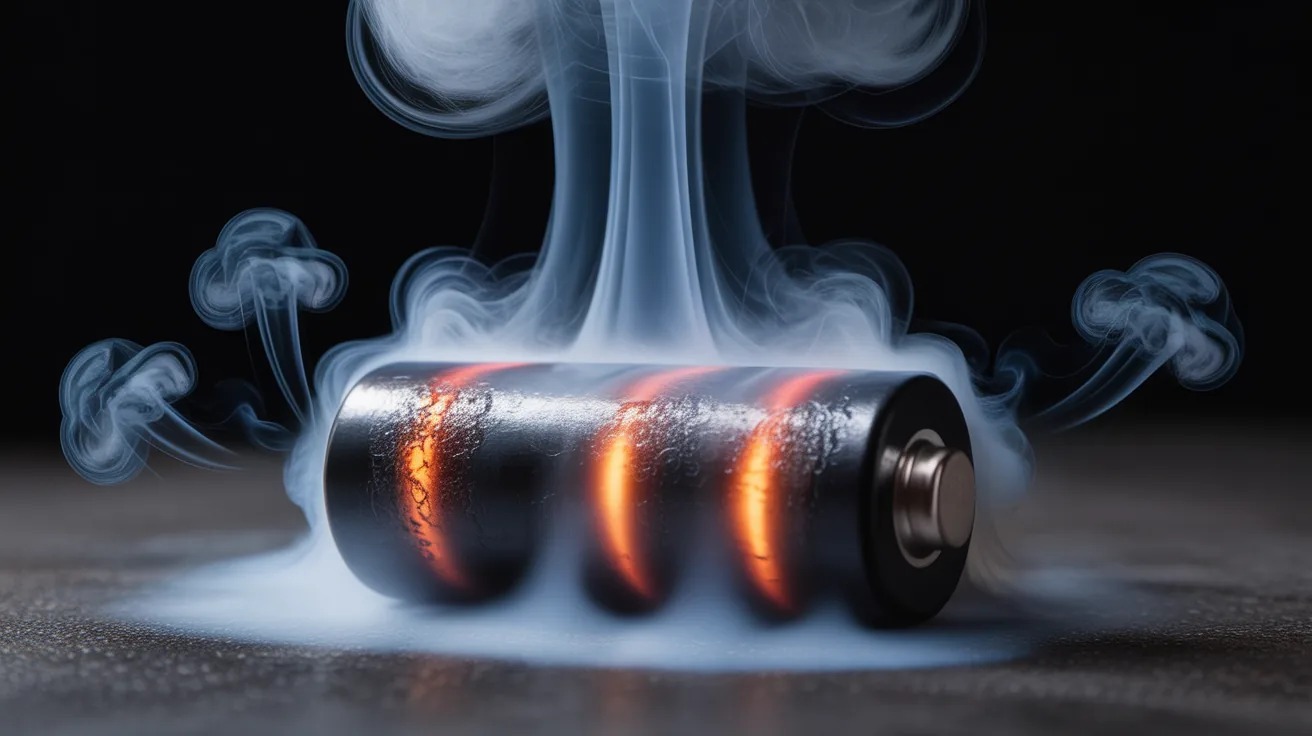 Close-up of a lithium battery failure showing smoke and heat.