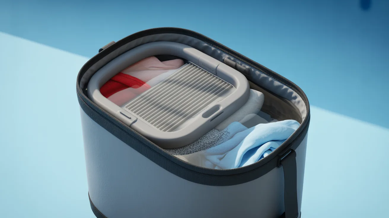 Portable wash bag with clothes and detergent, illustrating laundry while traveling