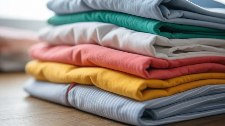 Freshly laundered clothes stacked neatly, representing laundry while traveling