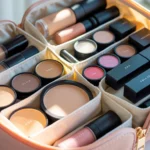 Organized makeup bag showing liquids, powders, and solids for plane travel