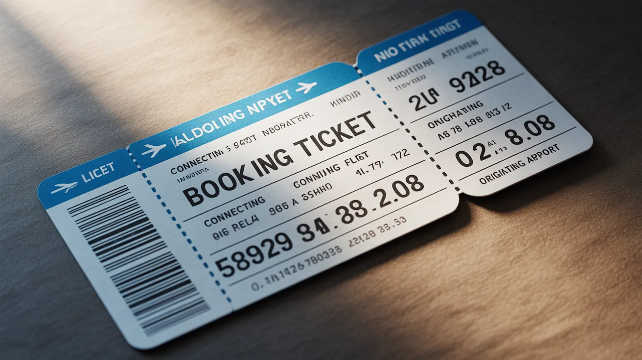 Close-up of an airline ticket indicating a single booking for connecting flights