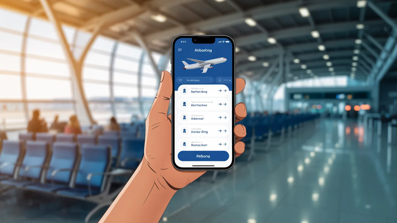Passenger's smartphone showing rebooking options in an airline app at the airport