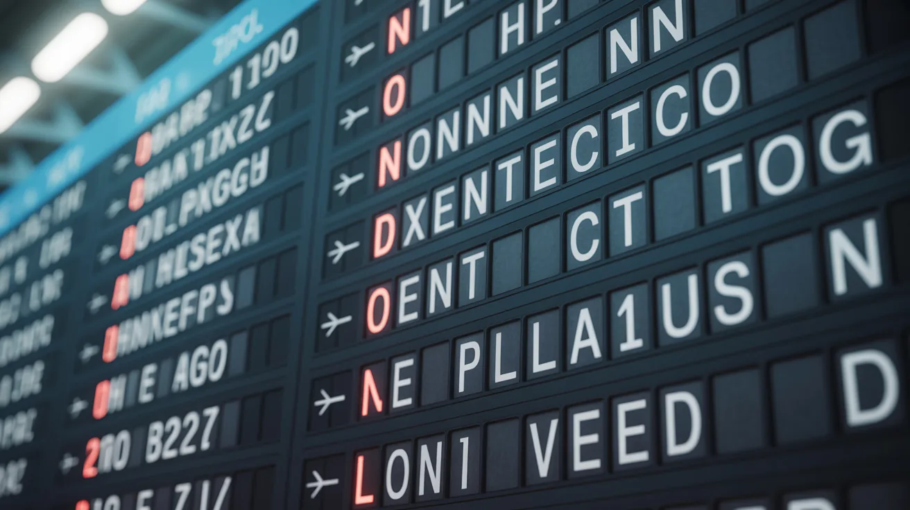 Airport departure board showing connecting flight information and delays related to missed connections
